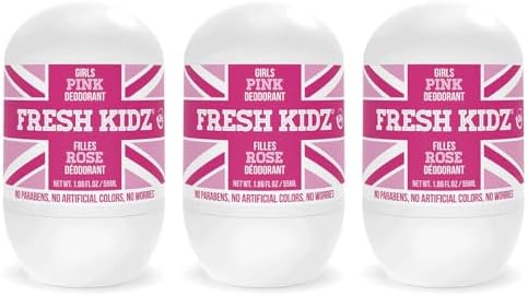 Fresh Kidz Roll On Deodorant for Kids and Teens - Baking Soda and Aluminum-free 24 Hour Protection for Sensitive Skin - Girls "Pink" 1.86 fl.oz. (3 Pack)