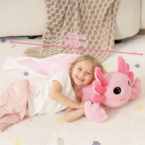 Image of MaoGoLan Giant Axolotl Plush Toy Stuffed Animal, 40 inch Glow in The Dark Axolotl Plush Pillow for Girl Boy Kid, Soft Jumbo Pink Salamander Body Pillow for Birthday Gift Baby Shower Party Favor Decor