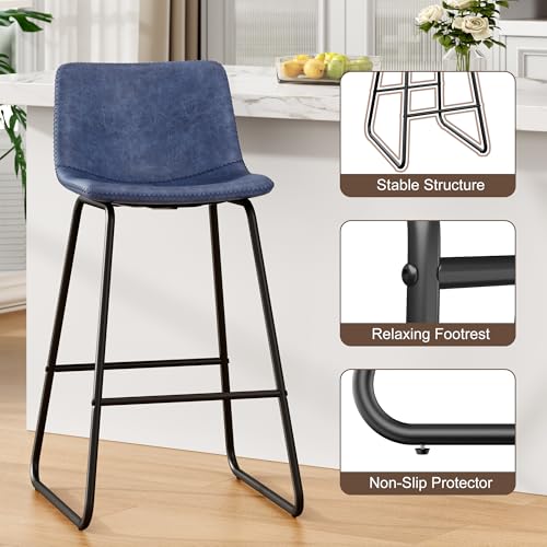 Image of REONEY Bar Stools Set of 3, 26 inch Urban Faux Leather Counter Stools, Navy