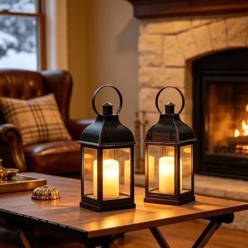 Image of 2 Pack Decorative Lantern with flameless LED Candle Lights, ON /Off /Timer Candle with 6Hours, Outdoor /Indoor LED Lantern, Use AAA Battery(not Include) Bronze Plastic, 4x9
