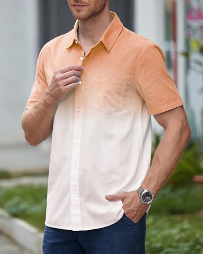 Mens Gradient Linen Shirts Short Sleeve Button Down Shirt Hawaiian Summer Beach Casual T Shirts for Men3