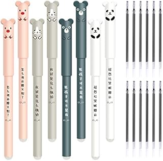 8PCS Rollerball Erasable Pens, Cute Cartoon Animal Pens Erasable Black Ink Gel Pens with 16PCS Erasable Refills Friction Pens for Kids Students Office Gift 0.35MM