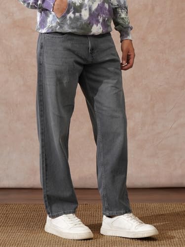 Image of WROGN Men's 100% Cotton Jeans | Solid | Baggy Fit