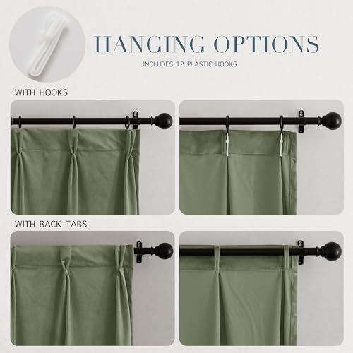 RYB Home Sage Green Pinch Pleated Velvet Curtains 96 inches, Hook Rings & Back Tab Thermal Insulated Room Darkening Pleated Drapes for Bedroom Living Room, W34 x L96 inches, 2 Panels by RYB HOME - Image 3