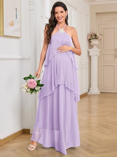 Image of AISWI Maternity Halter Neck Maxi Dress Sparkly Mesh Tiered Ruffle Pregnancy Gown with Flower for Baby Shower Photoshoot