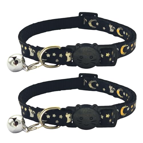 zulinlong 2Pack Breakaway Cat Collar with Bell, Moons Stars Cute Kitten Collar for Girl Boy Cats, Safety Buckle Adjustable 7.5-12.5 Inch, Lightweight, Pet Gifts (Black)