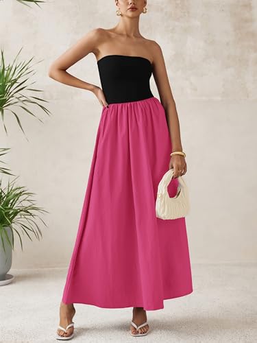 Image of PRETTYGARDEN Women 2026 Summer Elegant Strapless Maxi Dress Tube Top Dress A Line Flowy Long Wedding Party Cocktail Dresses(Black Rose Red,Large)