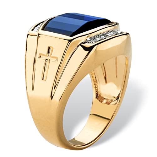 Palmbeach Jewelry Men's 18K Yellow Gold Plated Emerald Cut Created Red Ruby Or Blue Sapphire And Diamond Accent Ring Size 11 #TOP1