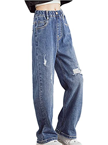 Kids Girls Elastic Waist Ripped Jeans Distressed Denim Pants Washed Wide Leg Straight Baggy Trousers3