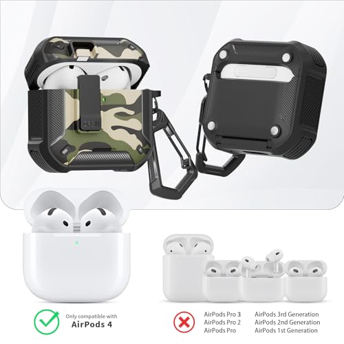 Image of for AirPods 4 Case with Magnetic Secure Lock Clip and Phone Stand, Compatible with Magsafe Charging, with Carabiner&Cleaner kit for Apple iPod 4th Generation Cover(2024) Men Women (Camouflage Green)