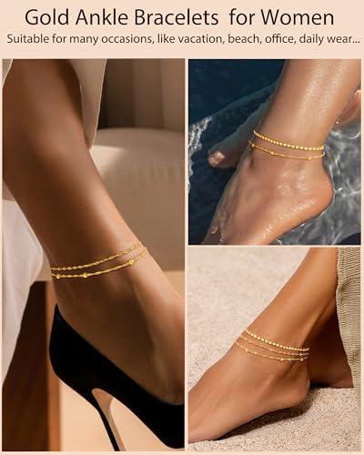 Image of ZHESHY Gold Silver Ankle Bracelets for Women 14K Gold Plated Anklets for Women Waterproof Cuban Link Heart Chain Anklets Set Non Tarnish Dainty Layered Anklet Bracelets for Women Summer Beach Jewelry