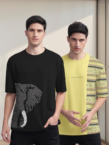 Image of BULLMER Trendy Front and Back Printed Oversized Round Neck T-Shirt for Men - Pack of 2