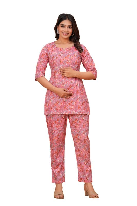 GOPI RAJU Women's Pure Cotton Printed Maternity Feeding Night Suit Set of Top & Relaxed Pyjama Nursing Night