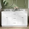 ARIEL Hamlet 60-inch Bathroom Vanity with Sink,Solid Wood, 1.5-inch Carrara White Quartz Countertop & Backsplash, Double Rectangular Porcelain Sink, 4 Soft Closing Doors, 3 Dovetail Drawers, White