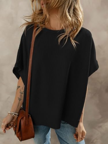 Batwing Tops for Women Half Sleeve Loose Fit Tunic Tops Ribbed Knit Oversized Dolman Sleeve T Shirts4