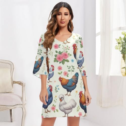 Robe en mousseline de soie pastel à manches 3/4 motif poulets - 6