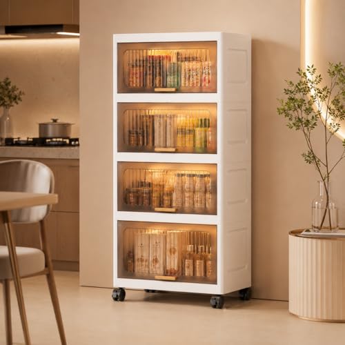 Image of KRISHYAM Modular Plastic Storage Cabinet with Translucent Doors & Wheels | Multi-Tier Clothes & Utility Organizer | Dustproof Freestanding Wardrobe (4 Layer - 4 Door (White))