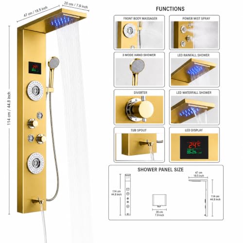 Image of Stainless Steel 304 Grade Shower Panel 8in1+ Extra Large 3Ways Hand Shower With LED Rainfall Waterfall 2Body Massage 4Mist Spray Temperature Display Shower Panel (Gold)