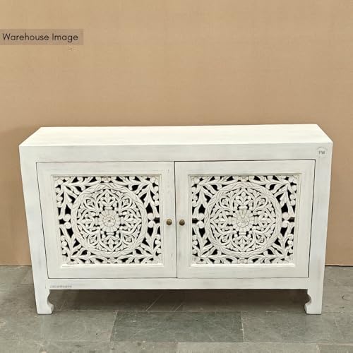 Image of Yepa Wooden Sideboard Cabinet for Living Room | Handcrafted Solid Wood Storage Cabinet with Carved Doors | Crockery Cabinet for Home | Crockery Furniture for Home (White Distress)