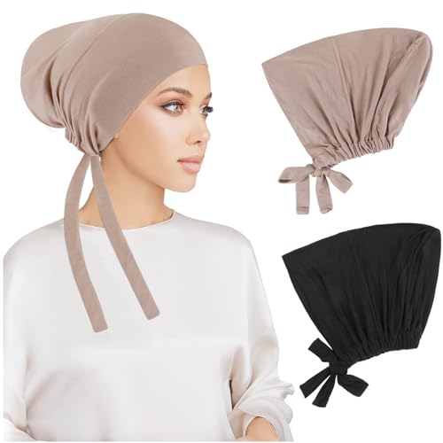 PHOGARY 2 Pcs Women Hijab Undercap Islamic Muslim Under Hijab Cap Inner Under Scarf Hat Hijabcap with Tie Back Closure Solid Color Underscarf Turban Head Wraps for Women Chemo Sleep Cap B