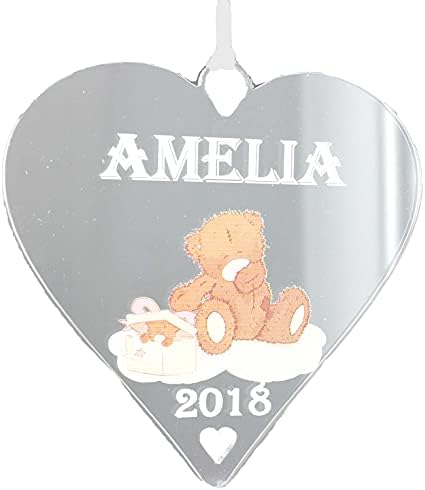 Girls & Boys Christmas Teddy Heart Personalised Acrylic Christmas Tree Decoration / Bauble / Plaque / Gift 1st Christmas (Red)