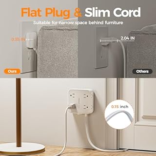 TESSAN Surge Protector Power Strip, 5 Ft Flat Plug Extension Cord with 3 USB (1 USB C) 8 Outlets, 1250W, 900J Protection, 3 Sided Outlet Extender with Power Switch for Office, Dorm Room Essentials