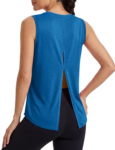 Image of MAGCOMSEN Workout Tank Tops Woman Summer Open Back Yoga Athletic Shirts Sleeveless Tie Back Loose Fit Gym Muscle Tank