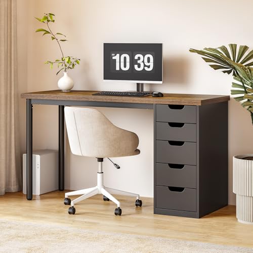 LITTLE TREE Computer Desk with 5 Drawers, 47 Inch Modern Simple Study Writing Desk with Metal Frame, Work Desk for Home Office, Rustic Brown and Black