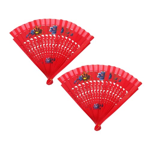 LRXIYODE 2 Piezas Abanico de Mano Retro de Madera con Flores Estilo Español Vintage para Baile Bodas Cosplay y Decoración Pack de Diseño Doble Cara Rojo Calado