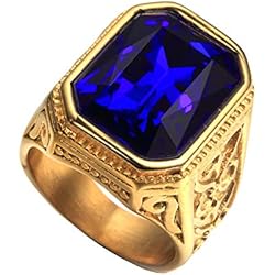 PAURO Anillo De Bodas Cuadrado De Oro De La Vendimia del Acero Inoxidable De Los Hombres De con Azul Grande De La Piedra TamañO 22