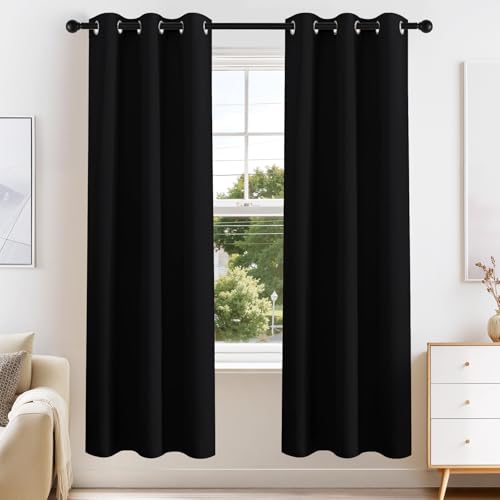 Image of PONY DANCE Black Blackout Curtains for Bedroom 63 Inch Length 2 Panels Set, Thermal Insulated Energy Saving Grommet Top Window Treatment Drapes for Living Room, W34 x L63 Inch