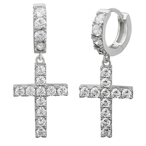 Solid 925 Sterling Silver Men & Ladies Dangle Cross Hoop Earrings Iced Out Flooded - Aretes #TOP15