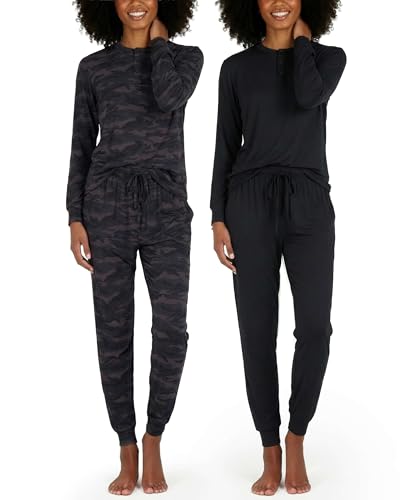 Image of Real Essentials 2 Pack: Women's Soft Long Sleeve Sleep Set - Comfortable Lounge Pull Over Hoodie and Henley Jogger