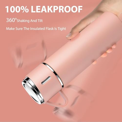 Image of Xanthos-500 ml Stainless Steel Vacuum Insulated Flask with Cup & Handle, Double Wall Hot & Cold Water Bottle, Thermos for Tea Coffee, Travel Bottle for Office, Home & Outdoor (Pastel Pink)