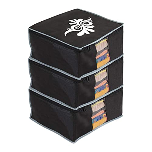 Image of PrettyKrafts Large Saree Cover With Creative Prints, Wardrobe Organiser, Clothes Cover & Storage, Zip Closure and Transparent Window | Clothes Storage Bag | Set of 3, Black | Size: 40 x 35 x 20 cm