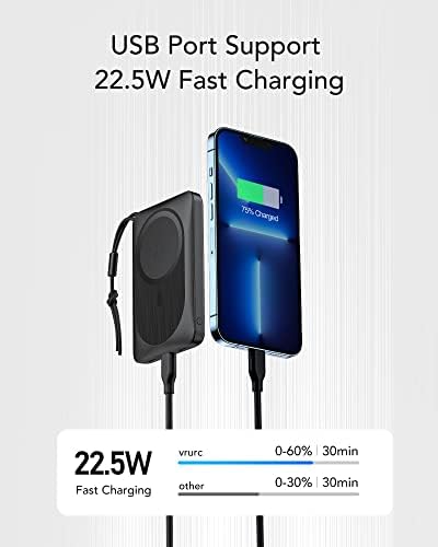 Wireless Power Bank,VRURC Magnetic Wireless Portable Charger With Finger Holder, 10000mAh Power Bank With PD 22.5W Fast Charging USB Port, Magnetic Battery Compatible for iPhone 12 & 13 Series-Black