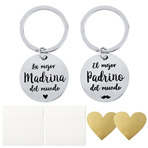 COLOFALLA 2pcs Llavero La Mejor Madrina y El Mejor Padrino del Mundo + 4pcs Pegatinas de Rascar y 2 Sobres Regalo para Madrina y Padrino Comunión Bautizo Navidad