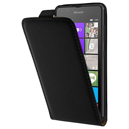 PhoneNatic Kunst-Lederhülle kompatibel mit Microsoft Lumia 540 Dual - Flip-Case schwarz + 2 Schutzfolien