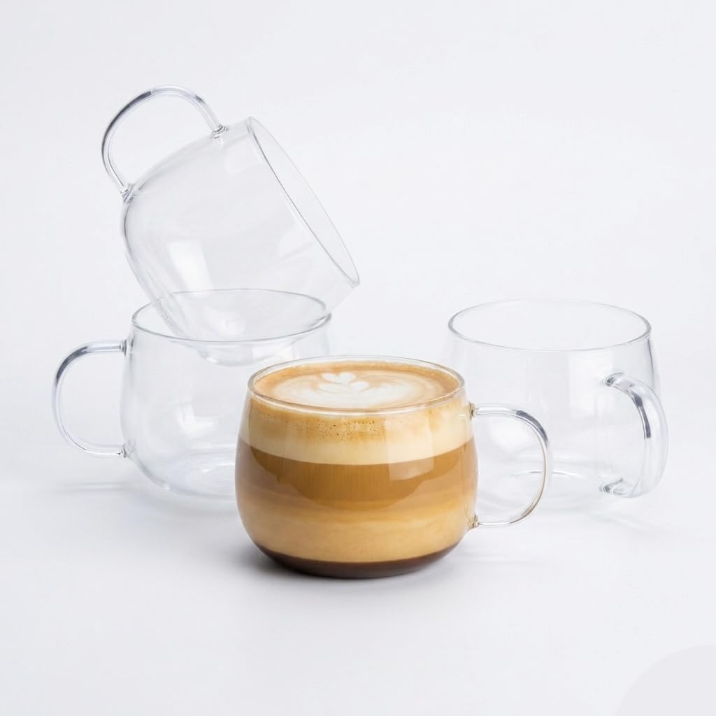 Eden & Willow Borosilicate Glass Tea & Cappuccino Cup with Handle, Ideal for Hot and Cold Beverages - 350ml (Set of 4, Plain)