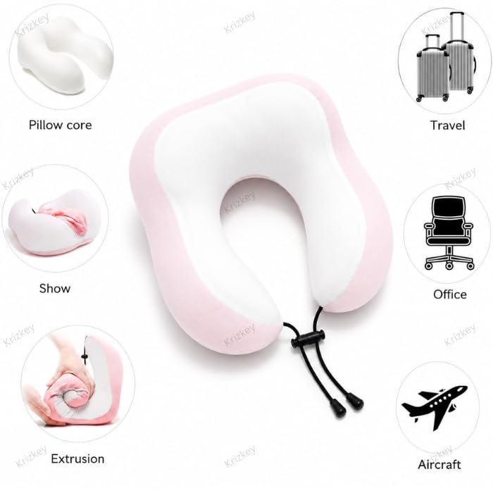 Image of Memory Foam Travel Neck Pillow with Storage Case | Soft Stretchable Fabric, Ergonomic U-Shaped Neck Support Cushion for Airplane, Car, Train & Office Travel (Pink)