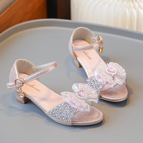 IWIHMIV Girls Dress Sandals Open Toe Low Chunky Heels Sandals Summer Party Dress Shoes with Rhinestone Bow2