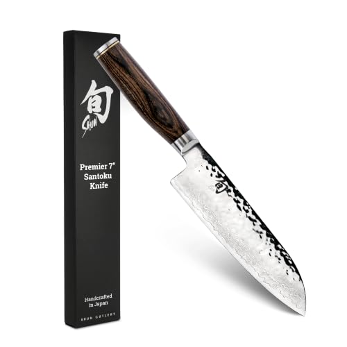 Shun Premier 7' Santoku Knife, Handcrafted and Hand-Sharpened Japanese All Purpose Knife, VG-MAX Core with Damascus Stainless Steel Cladding, Pakkawood Handle, Versatile Japanese Cutting Tool