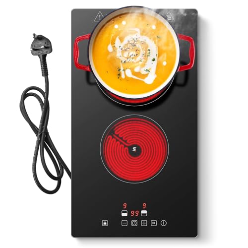 KICHPOWER Ceramic Hob 2 Zones, Electric Plug in Hob 30cm 2 Burners, 2800W, 9 Power Levels, 1-99 min Timer, Residual Heat Indicator, Child Safety Lock, Compatible with All Pans & Pots