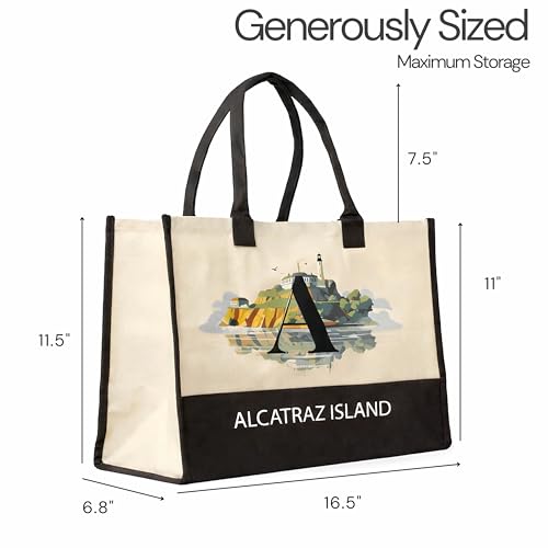 Image of Salt Earth Cotton Canvas Tote Bag - Alcatraz Island Landmark Design with Custom Initial, Durable Shoulder Bag for Women