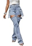 Women Cargo Jeans Y2K High Waisted Baggy Cutout Detachable Summer Jean Shorts Streetwear Blue
