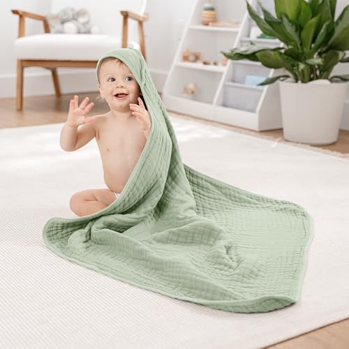 Image of Comfy Cubs Hooded Baby Towel 2-Pack, Large 32 x 32 Inch - 6 Layer 100% Muslin Cotton for Babies, Toddlers and Kids - Soft & Absorbent Baby Bath Towels - Unisex Design for Bath Time - Sage