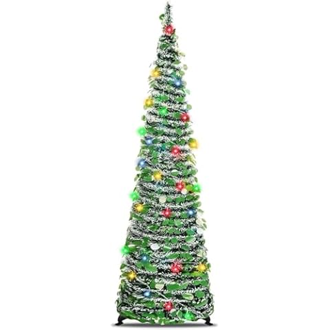 5FT Pop Up Christmas Tree with 5m Multi-Color 50 LED String Lights, DIY Glitter Tinsel Pop Up Pencil Christmas Decoration, Tinsel Trees for Holiday Home Party Supplies (Green) Cover