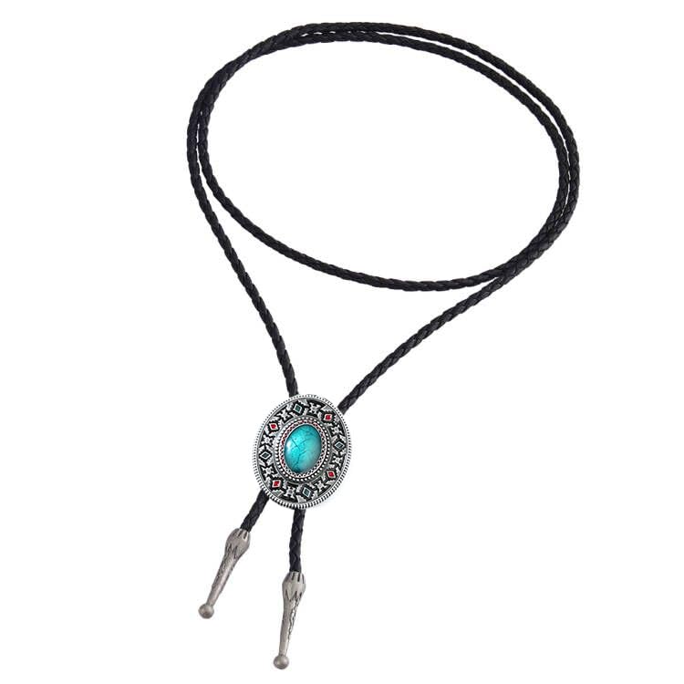 Image of AZORA Western Cowboy Bolo Tie Men Leather Necktie Leather Cord Turquoise Stone Bolo Ties for Men Women
