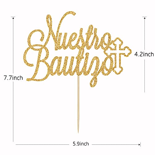 Gold Glitter Nuestro Bautizo Cake Topper - First Holy Communion, God Bless, Spanish My Baptism, Baby Shower Party Decoration Supplies #TOP2