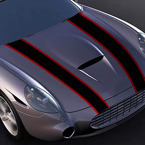 Sunjika 2Pcs Front Car Hood Stripe Sticker Auto Body Sport Racing Long Decal Engine Cover Decal Vinyl Sticker Racing Accessories Racing Stripes For Cars Decoration (Black Red) #TOP6